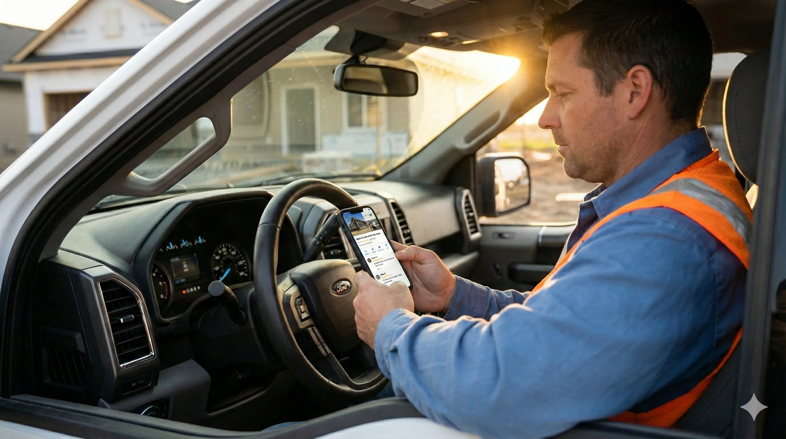 Contractor reviewing enquiries on a smartphone at a job site Construction.