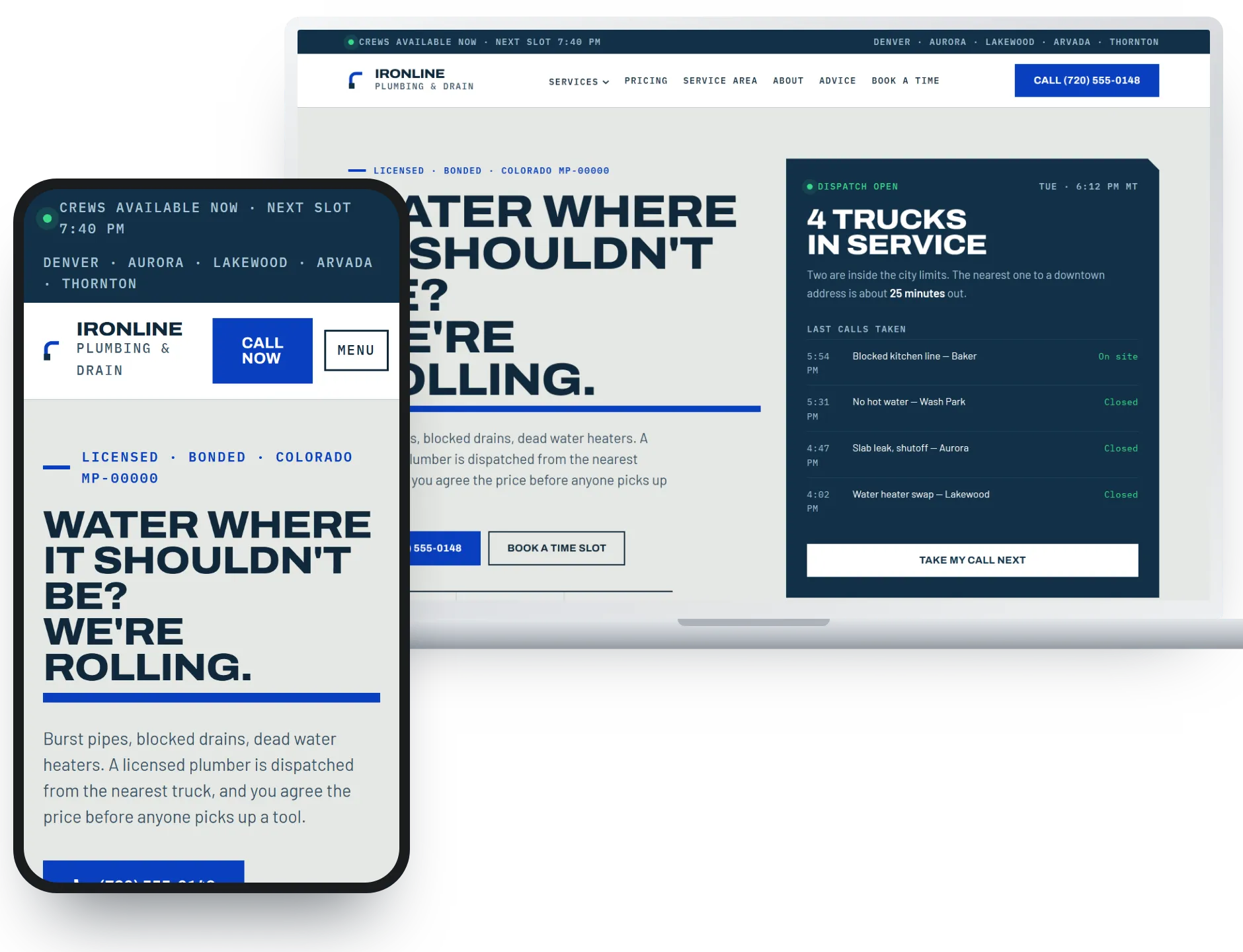 CallOut contractor website template shown on a phone and a laptop