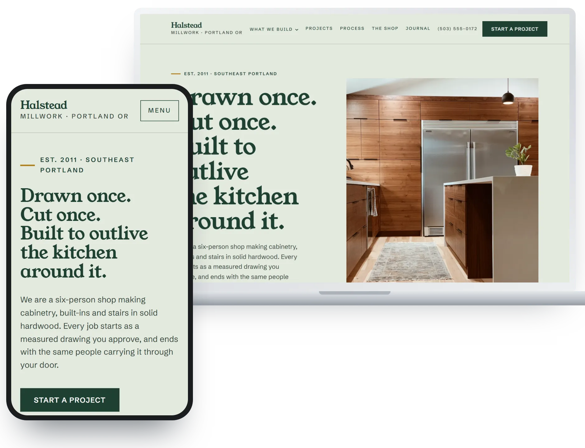 Workshop contractor website template shown on a phone and a laptop